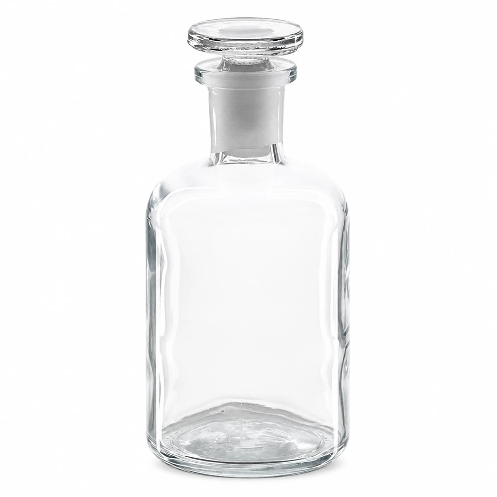 Fiaschetta a spalla arrotondata da 100 ml, trasparente, con tappo in vetro; vetro da laboratorio trasparente a collo stretto