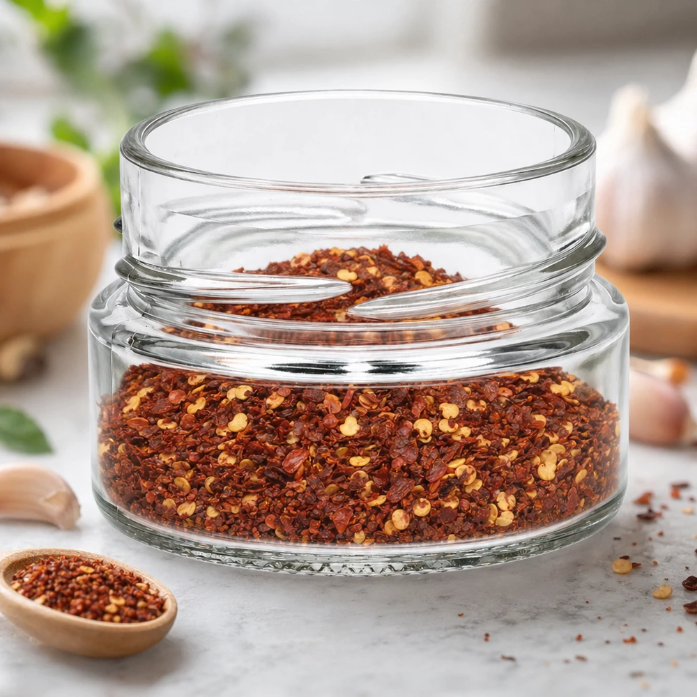 UNiTWIST Runda80 barattolo rotondo 80ml TO58deep pieno di mix di spezie al peperoncino sul piano di lavoro della cucina