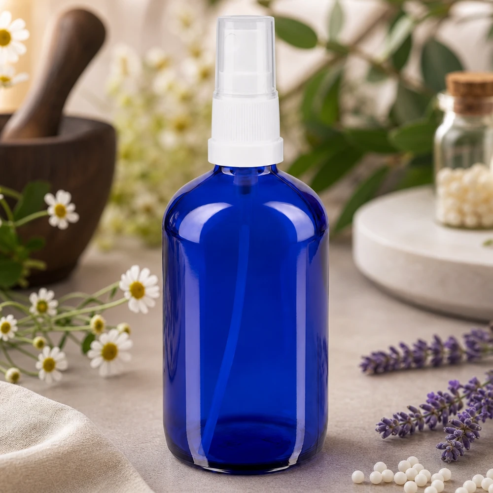 Lichtschutz Sprayflasche 100ml aus blauem Glas mit weißem Pumpzerstäuber für Homöopathie
