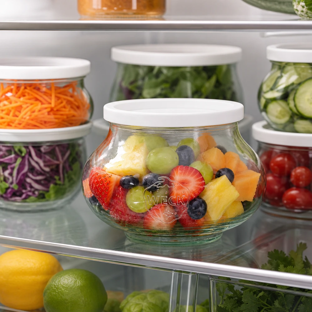 Bocal décoratif de 560 ml avec couvercle hermétique WECK RR80 WECK Schmuckglas 560ml RR80 mit Obstsalat im Kühlschrank neben anderen Vorratsgläsern mit Gemüse und Salat