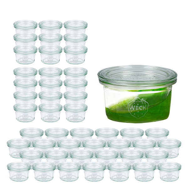 Set di 48 tumbler Weck da 50 ml con 48 coperchi in vetro Set di 48 tumbler Weck da 50 ml con 48 coperchi in vetro