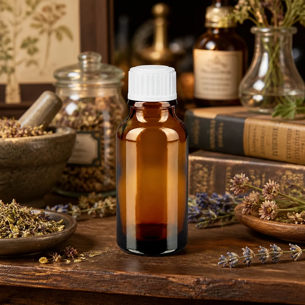 Apothekenflasche braun 20ml Schraubverschluss weiß Standard Lichtschutzflasche 20ml Apothekerglas weiß verschlossen neben Lavendel Gewürzen und Naturheilmitteln