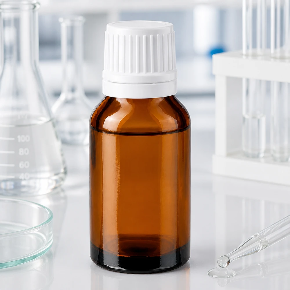 Flacon de pharmacie brun 30ml bouchon à vis blanc bouchon inviolabilité Flacon de pharmacie de 30 ml en verre ambré muni d'un bouchon compte-gouttes blanc, utilisé en laboratoire