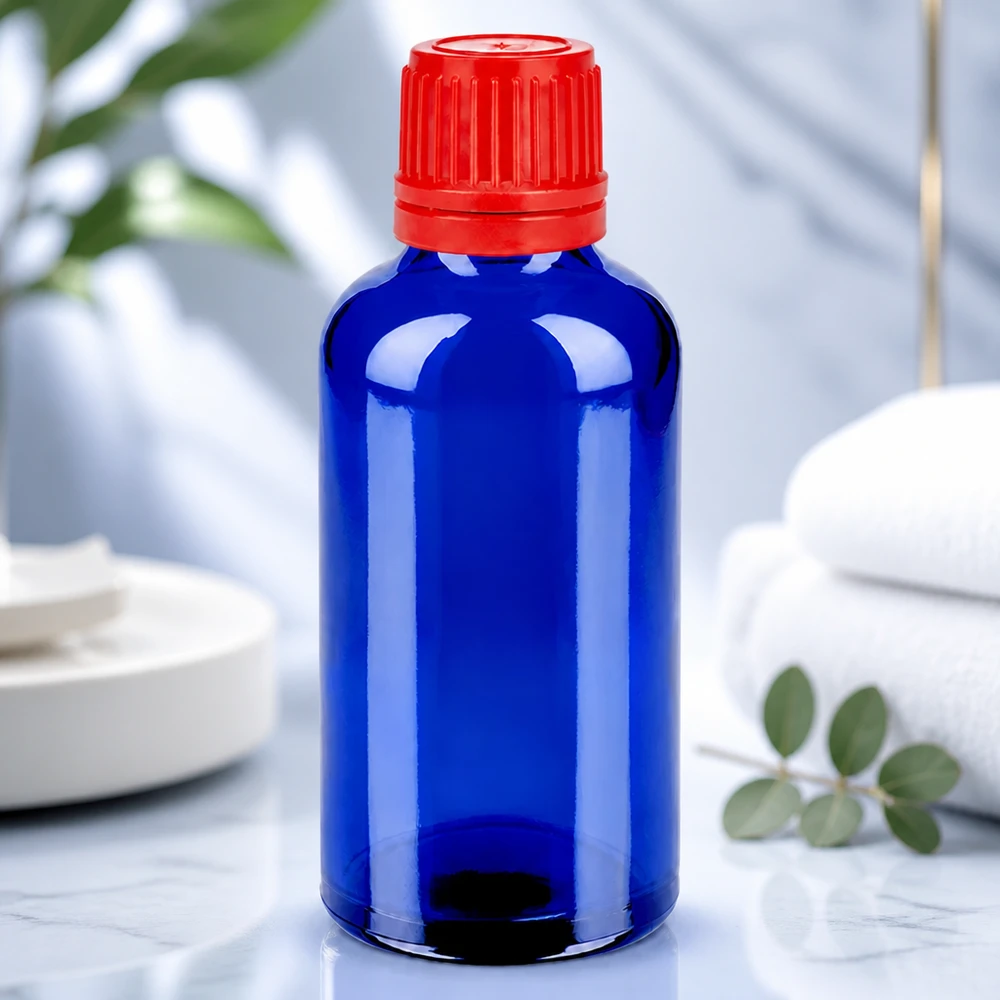 Bottiglia di vetro da laboratorio da 50 ml blu con tappo di sicurezza SV 11 mm OV BlueLine UT18/50
