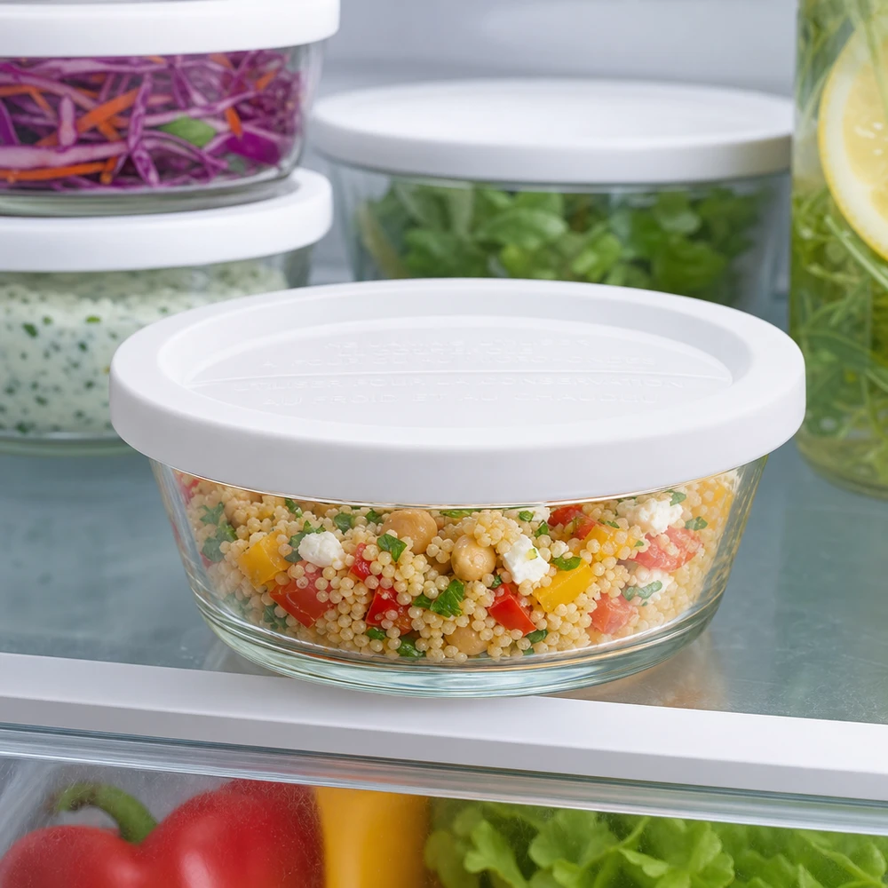 WECK RR120 barattolo gourmet da 300 ml in frigorifero con insalata di couscous colorata e altri contenitori per la conservazione.