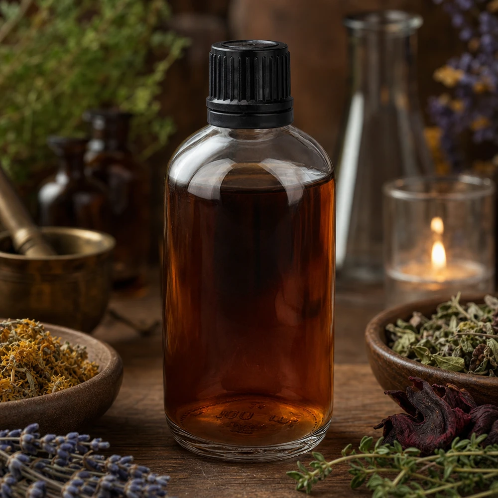 Tintura di erbe di colore marrone in un flacone di vetro trasparente da 100 ml, circondata da erbe medicinali essiccate e lavanda