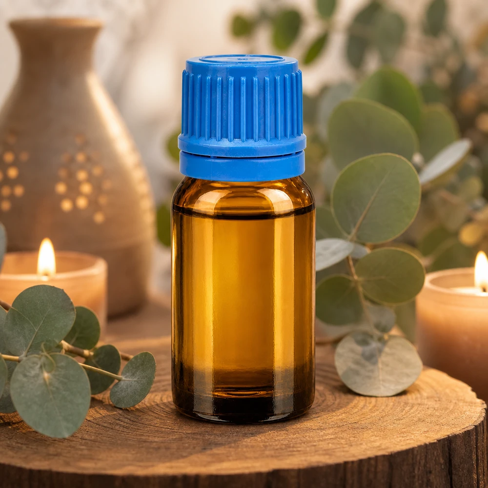 Flacone da 10 ml in vetro colorato con coperchio blu per la conservazione sicura delle essenze.
