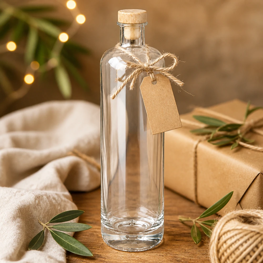 Bottiglia in vetro da 700 ml Ella con tappo in sughero con impugnatura in legno UNiTWIST® Bottiglia in vetro da 700 ml Ella vuota con tappo in legno e targhetta regalo in una festosa decorazione natalizia con luci fiabesche