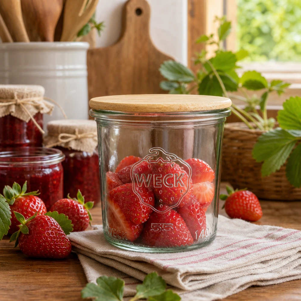 WECK Sturzglas 140ml RR60 mit frischen Erdbeeren befüllt zeigt praktische Verwendung in rustikaler Küchenumgebung