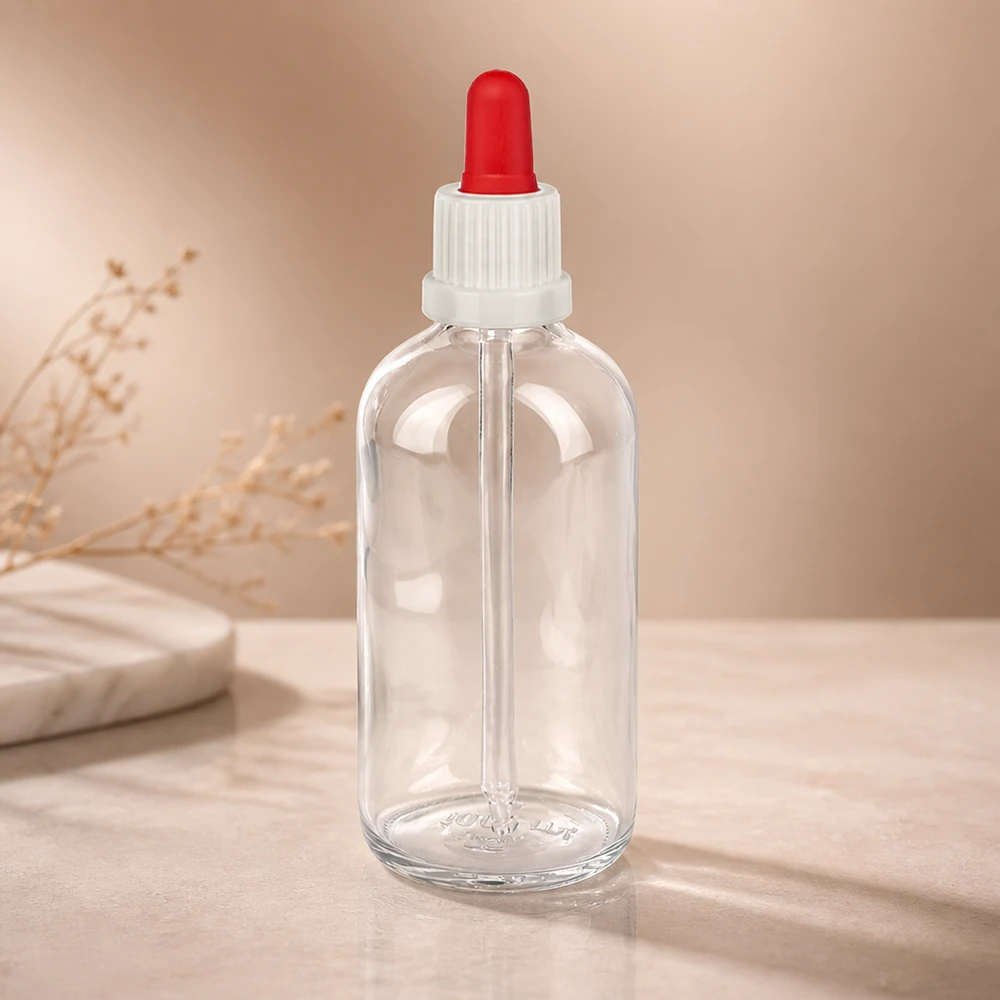 100ml Pipettenflasche weiß/rot Originalitätsverschluss ClearLine UT18/100 Borosilikatglas Pipettenflasche 100ml schmaler Hals UT18 weißer Verschluss roter Druckball leer