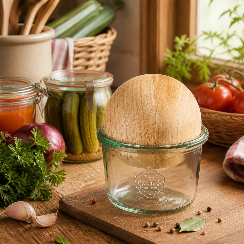 80ml Sturzglas WECK RR60 mit Holzkugel Buche WECK Sturzglas 80ml RR60 mit Buchenholz-Deckel in rustikaler Küche neben frischen Kräutern und Einmachgläsern