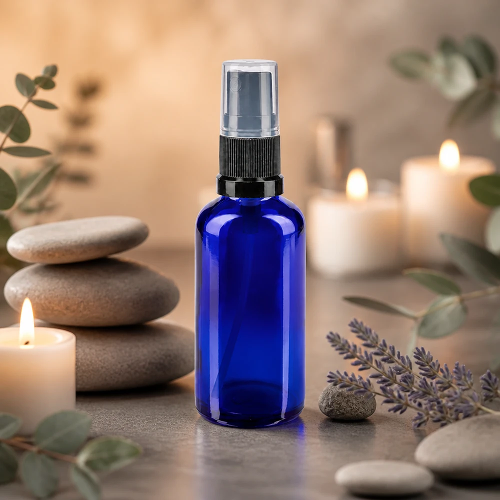 Apothekenflasche blau 50ml Sprayaufsatz schwarz Hochwertige blaue 50ml Glassprayflasche mit schwarzem Zerstäuber für Naturkosmetik