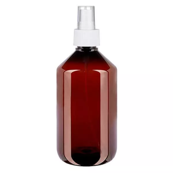 Flacon médical de 500 ml en PET, avec spray blanc GCMI 28/410 et capuchon transparent standard