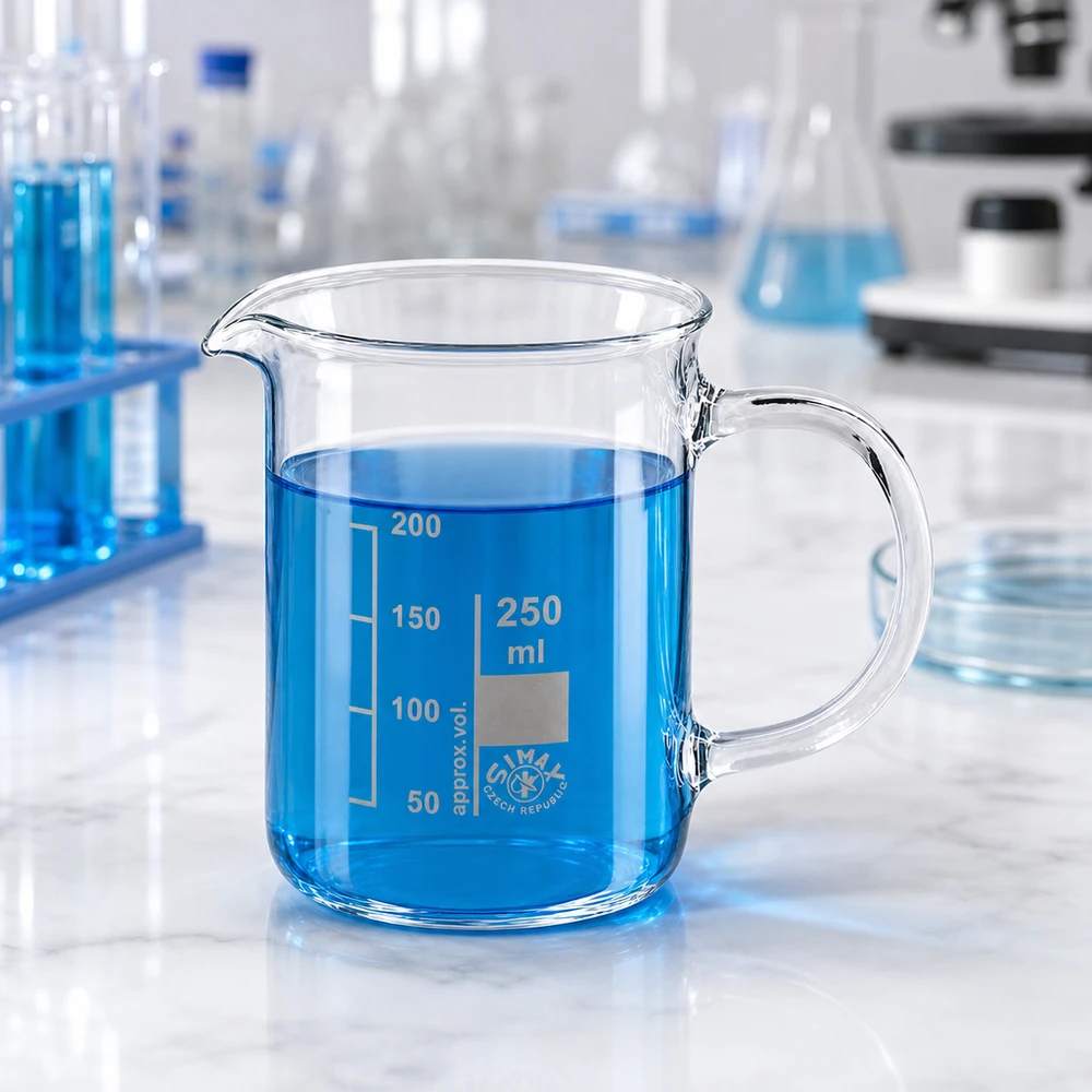Bicchiere da 250 ml in vetro borosilicato, con manico Bicchiere da laboratorio da 250 ml con manico, pieno di liquido blu, su un tavolo di marmo in laboratorio