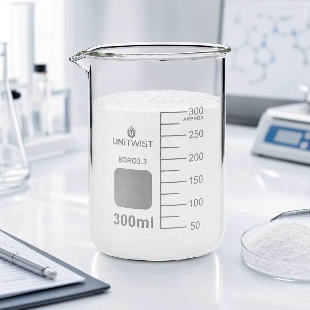 Bicchiere 300ml borosilicato, stampo basso UNiTWIST Bicchiere da laboratorio UNiTWIST da 300 ml riempito di polvere bianca su un tavolo da lavoro da laboratorio con una bilancia