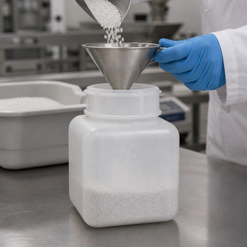 Flacon à produits chimiques 500 ml à col large, PEHD couleur naturelle, avec bouchon à vis GL 65 Bouteille en plastique résistante aux produits chimiques, 500 ml, à col large, couleur naturelle, posée sur une table en acier inoxydable dans une salle blanche