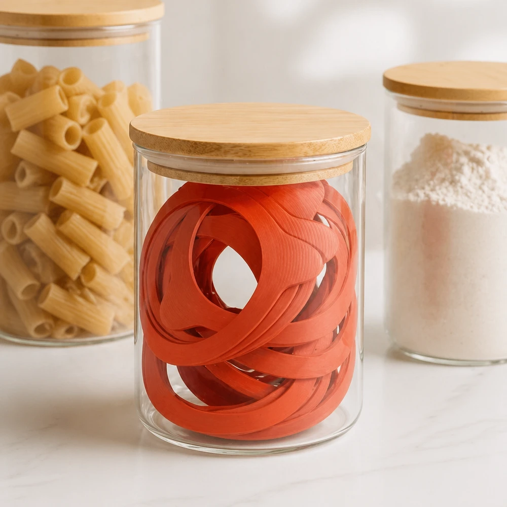 Anello di tenuta in gomma naturale RR80 Orangefarbene Einkochringe RR80 in stylischem Glasvorratsgefäß mit Holzdeckel neben Pasta und Mehl in moderner Küche