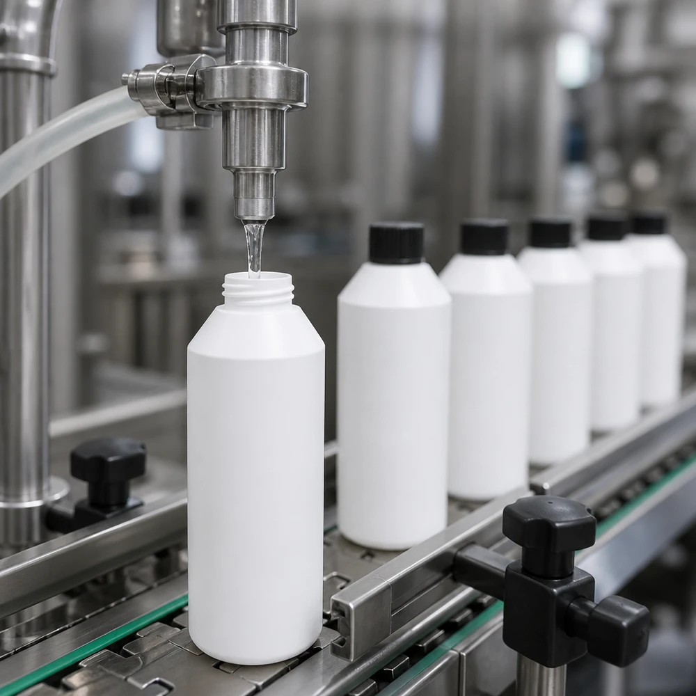 Remplissage automatisé de flacons de pharmacie blancs de 250 ml en PEHD à l'aide d'une buse de dosage précise en cours de production