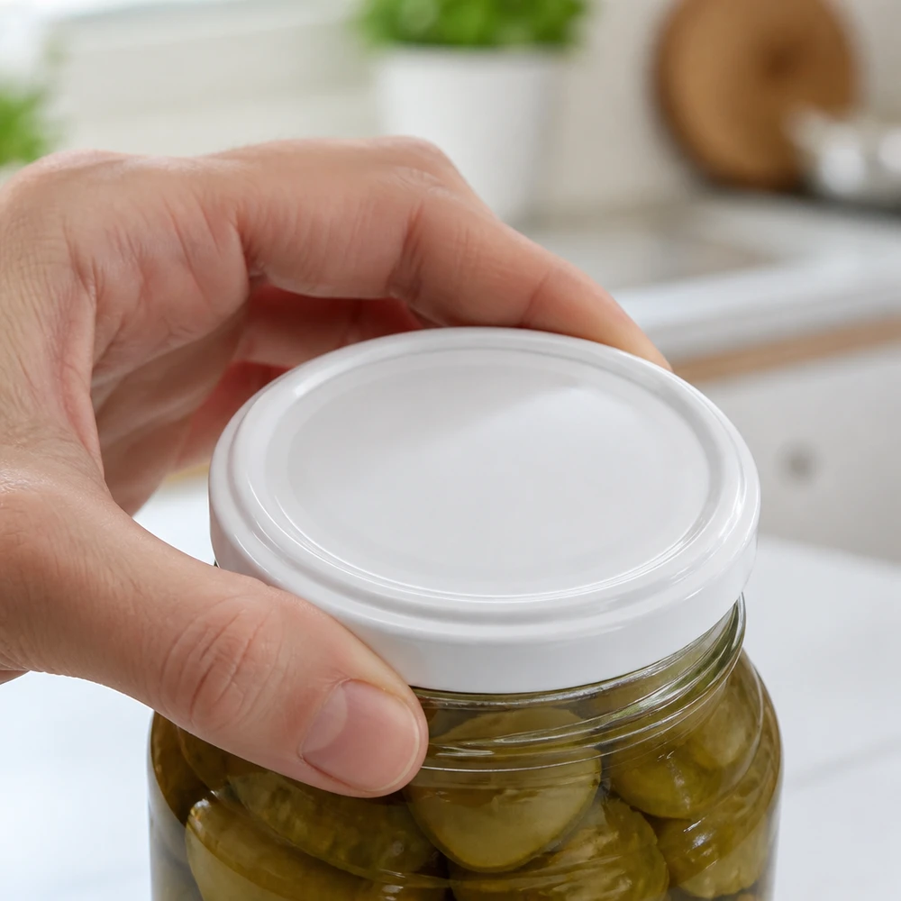 Einmachglas mit Pickles und weissem UNiTWIST TO58 Schraubdeckel 58mm in Küchenumgebung