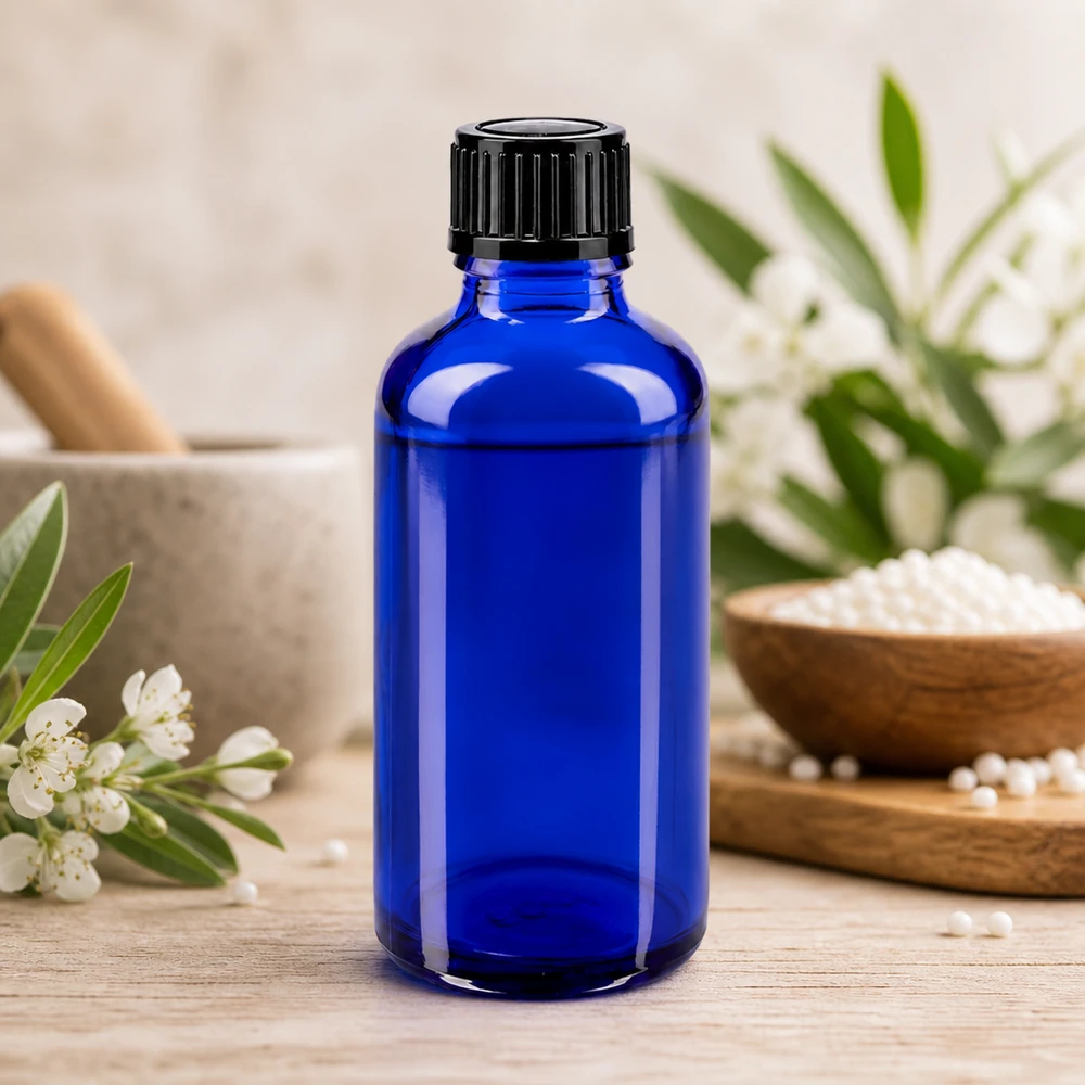 Flacon compte-gouttes de 50 ml en verre d'apothicaire bleu cobalt, muni d'un bouchon de sécurité noir pour enfants