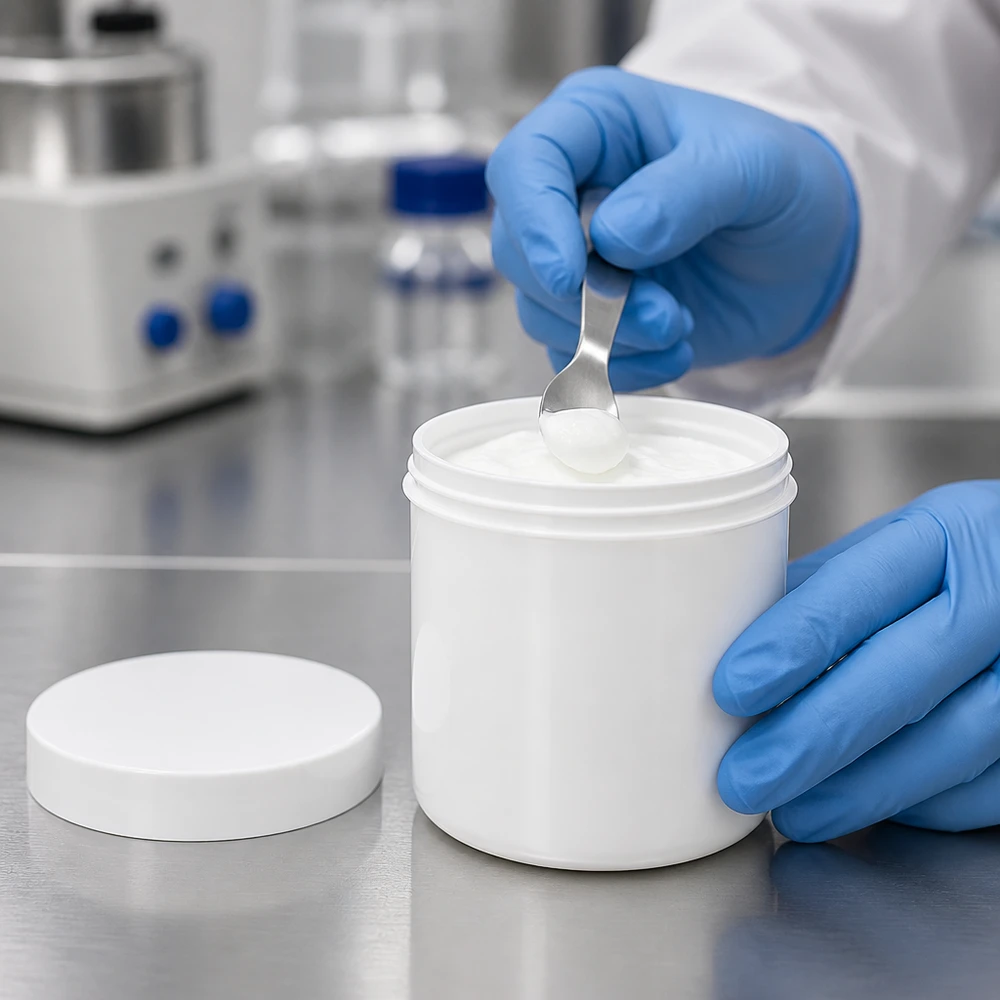 Pot à pommade cylindrique blanc de 200 g avec couvercle plat à vis en polypropylène adapté au contact alimentaire
