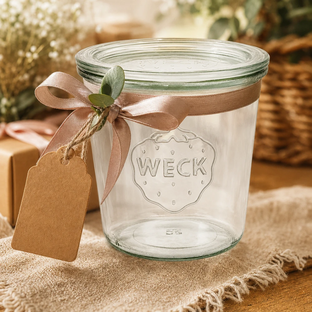 Bocal en verre de 580 ml avec couvercle en verre WECK RR100 WECK Sturzglas 580ml RR100 dekoriert mit brauner Schleife und Geschenkanhänger als Geschenkverpackung Idee