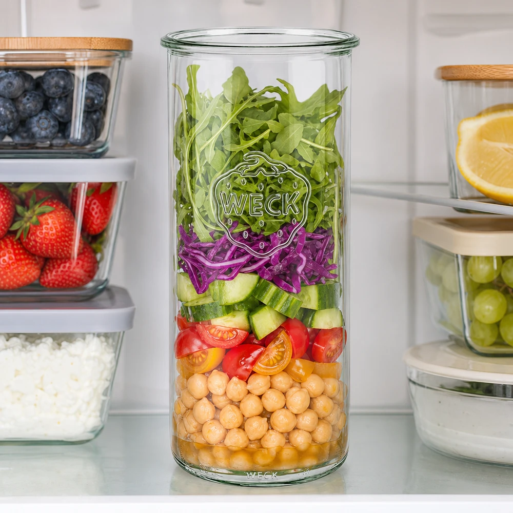Barattolo di vetro WECK RR100 da 1500 ml WECK RR100 tumbler 1500ml con insalata a strati di ceci, verdure e verdure a foglia in cucina bianca