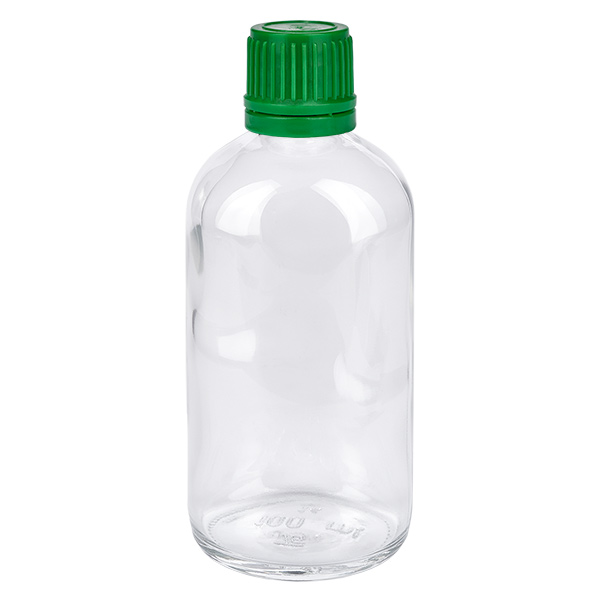 Bottiglia da 100ml 11mm SV verde OV ClearLine UT18/100 Flacone in vetro trasparente da 100 ml con tappo a vite verde da 11 mm, flacone da laboratorio ClearLine UT18