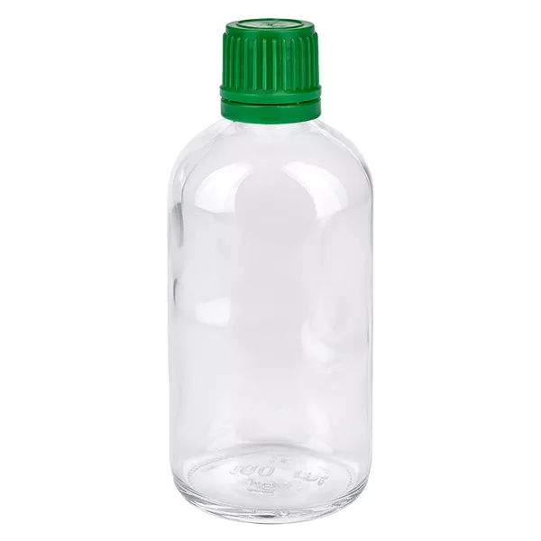 Flacon en verre transparent de 100 ml avec bouchon à vis vert, 11 mm, flacon de laboratoire ClearLine UT18