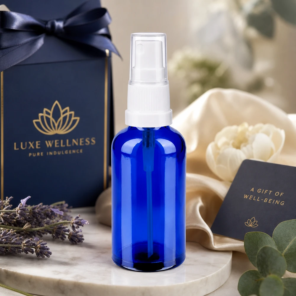 Lussuoso flacone in vetro blu da 50 ml con attacco spray bianco per esclusivi trattamenti benessere