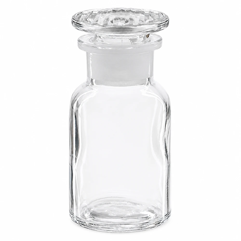Bottiglia a spalla tonda 100ml trasparente a collo largo con tappo in vetro Bottiglia di vetro vuota da 100 ml con collo largo e tappo di vetro per reagenti chimici