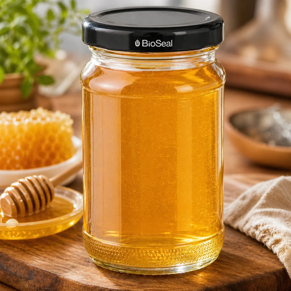 UNiTWIST Runda110 mit goldenem Honig gefüllt - schwarzer TO48 BioSeal Deckel - Honigglas mit Holzlöffel und Wabe