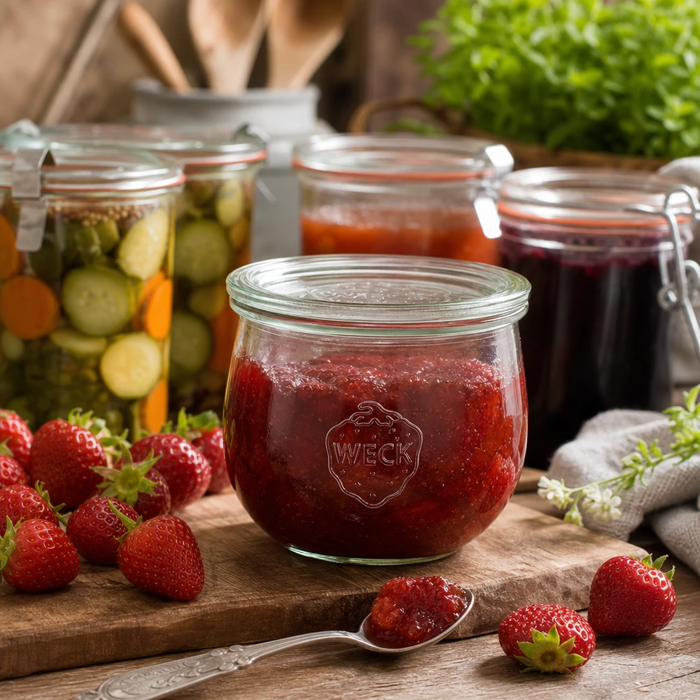 Barattolo a tulipano da 580 ml con coperchio in vetro WECK RR100 Vaso WECK a tulipano 580ml RR100 riempito di marmellata di fragole accanto a fragole fresche e verdure sott'aceto su una tavola di legno