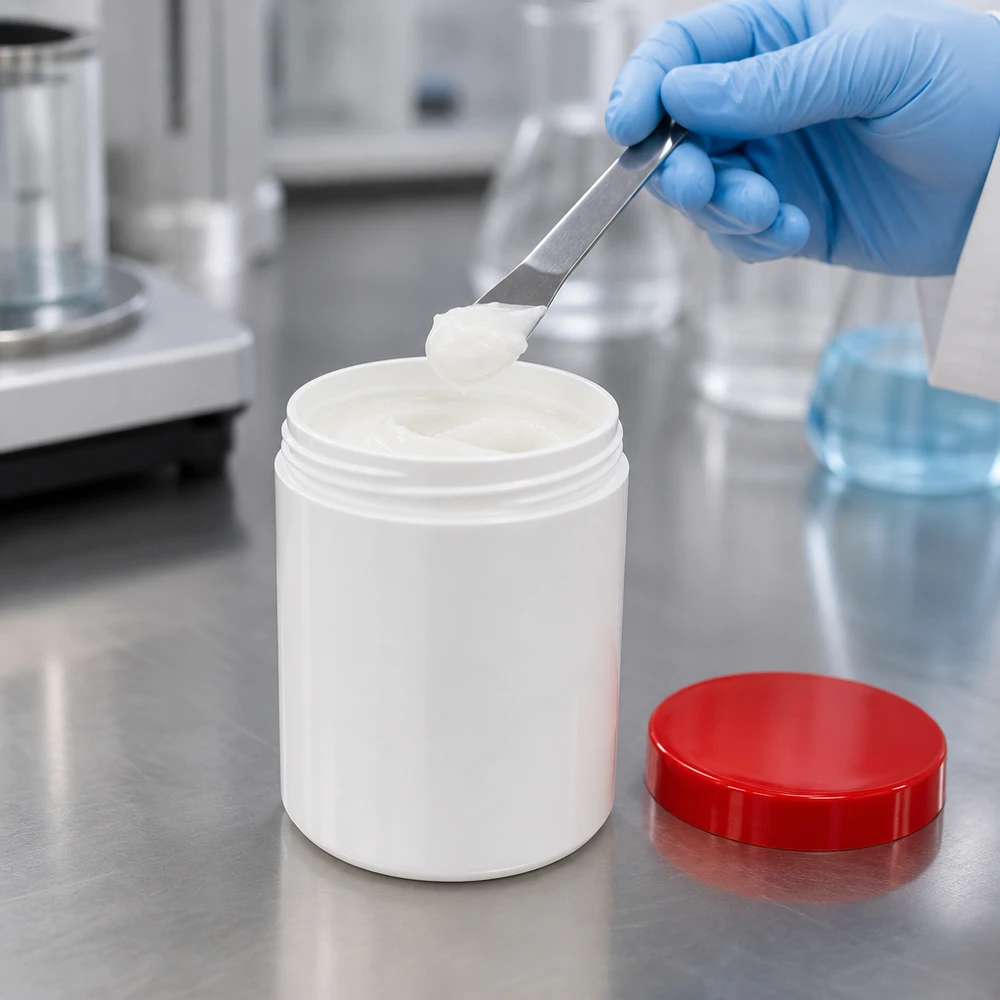 Pot à pommade de 300 g en polypropylène blanc avec couvercle rouge, de laboratoire