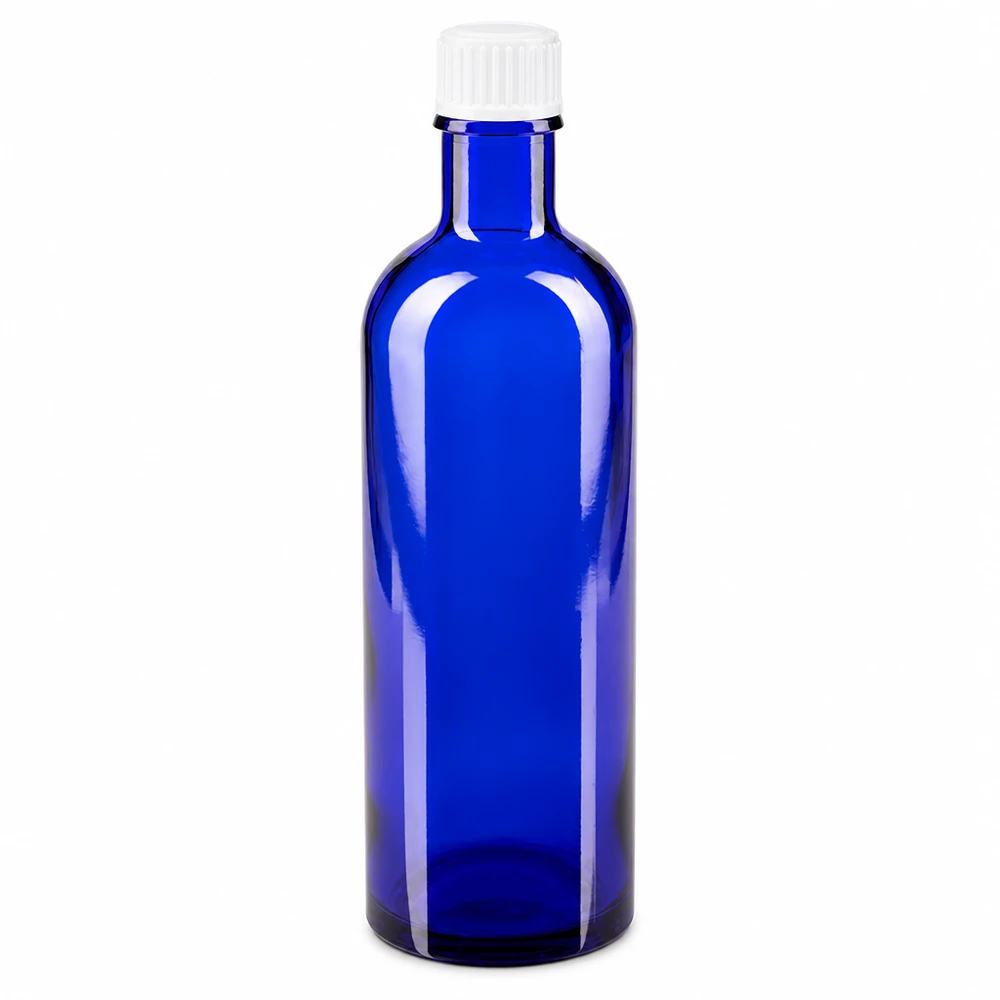 Apothekenflasche blau 200ml Schraubverschluss weiß Standard Blaue Laborflasche aus Borosilikatglas 200ml mit weißem Schraubverschluss