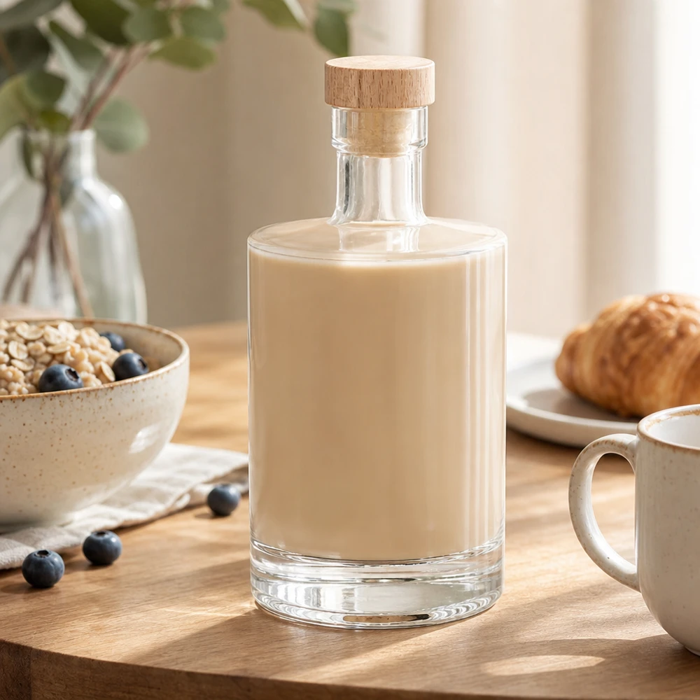 Bottiglia di vetro da 500 ml Marie riempita di liquore cremoso - tappo di legno UNiTWIST - scenario per la tavola della colazione con muesli