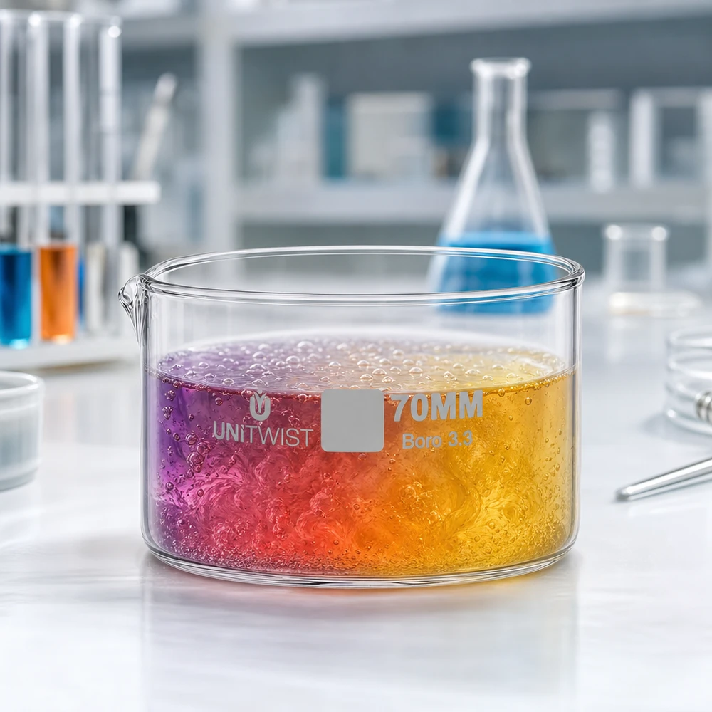 Piatto per cristallizzazione ø70mm in vetro borosilicato UNiTWIST Vaschetta di cristallizzazione da 70 mm UNiTWIST Boro 3.3 con soluzione di reazione colorata (viola, arancione, giallo) in laboratorio