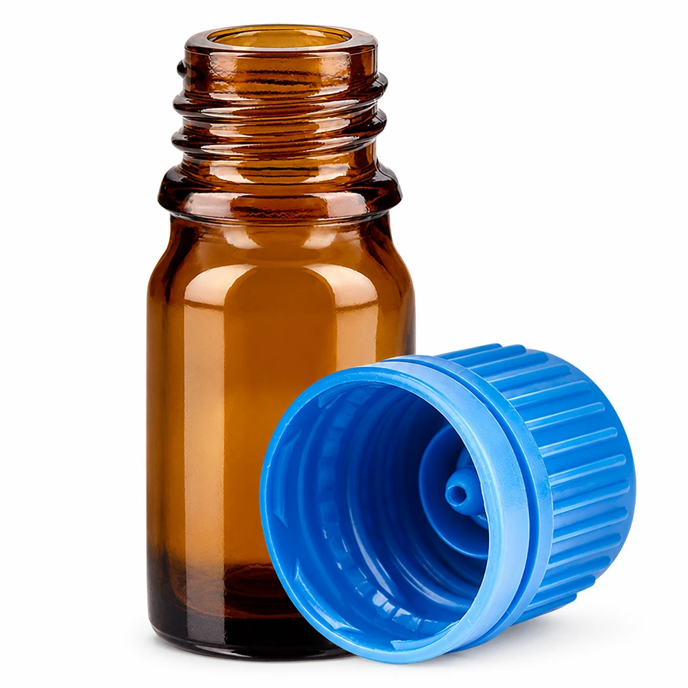Flacone da 5 ml in vetro ambrato con tappo a vite blu per applicazioni di laboratorio e conservazione di campioni