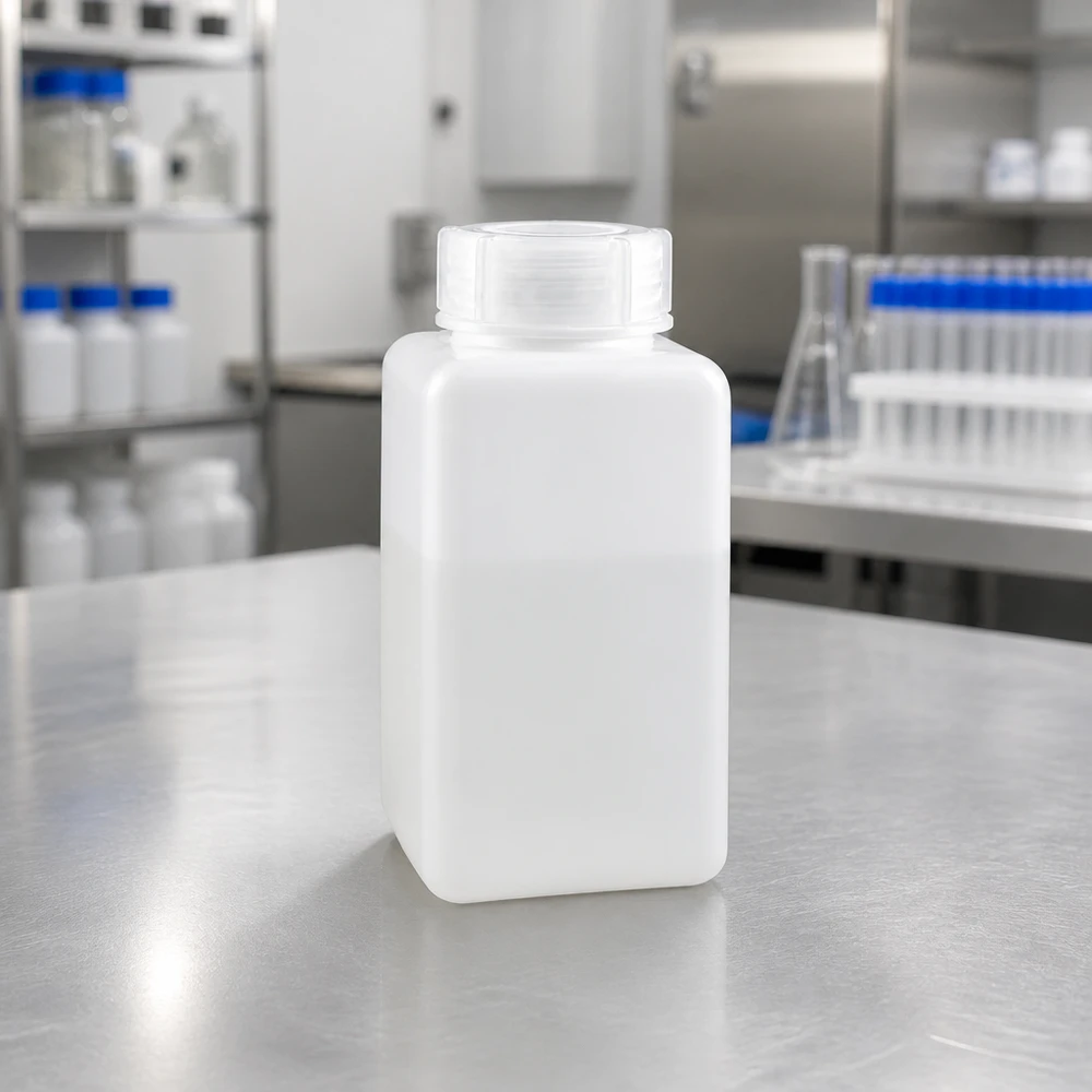 Flacon de produits chimiques angulaire et peu encombrant de 1 500 ml en PE-HD dans un laboratoire moderne