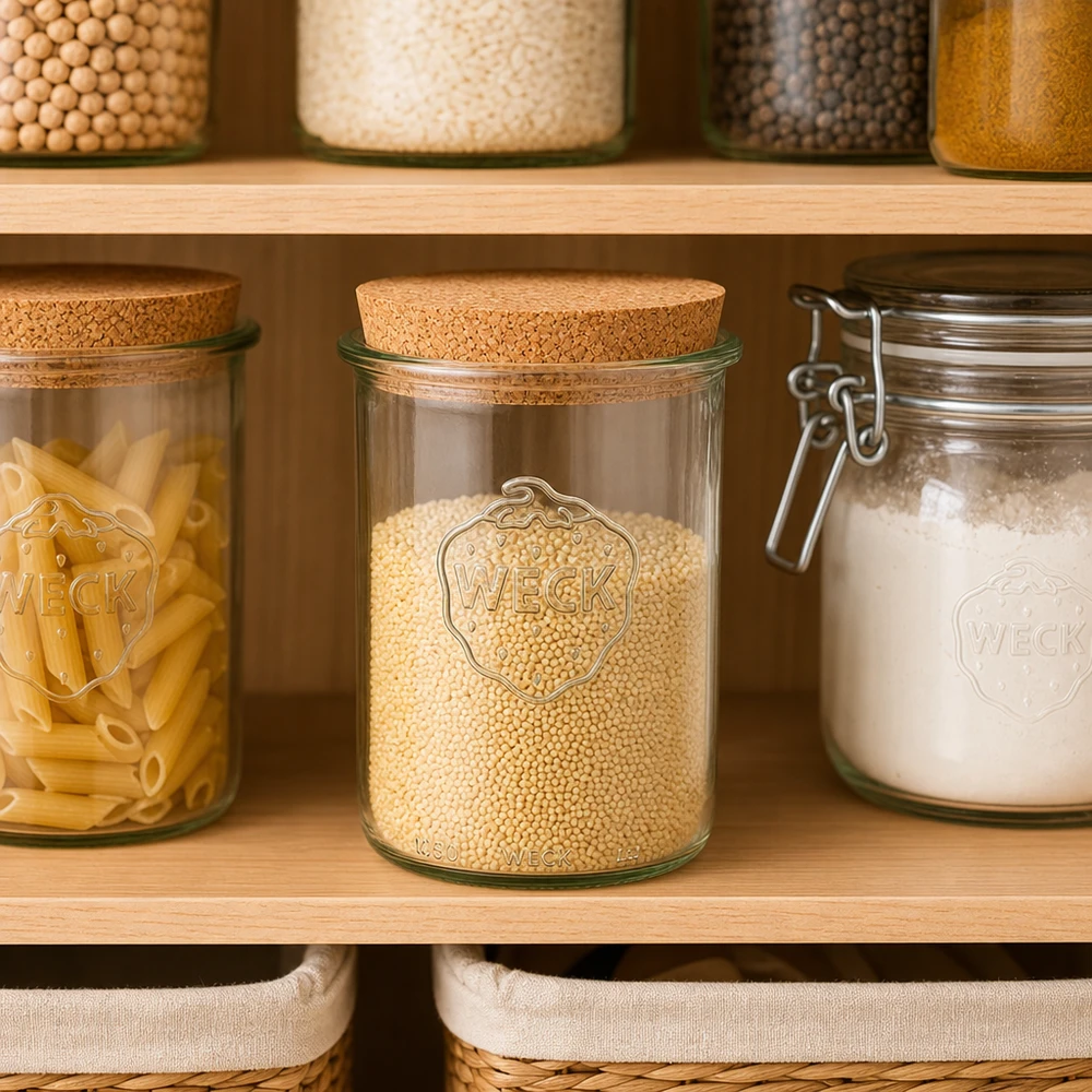 1000ml Sturzglas WECK RR100 mit Korken natur WECK Sturzglas RR100 1000ml mit Korkdeckel in organisierter Vorratsküche Pantry mit Getreide Pasta und Mehl