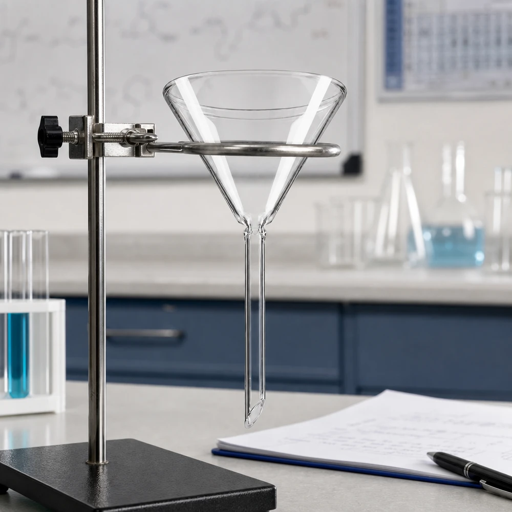 Imbuto di precisione in vetro con apertura di 70 mm e gambo corto per un dosaggio preciso in laboratorio e in chimica