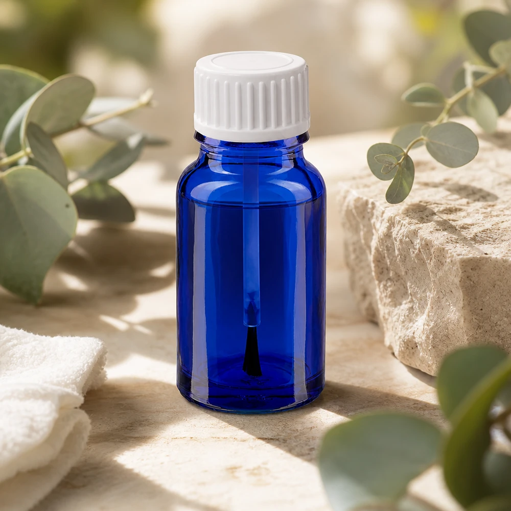 10ml Pinselflasche weiß Standardverschluss BlueLine UT18/10 Blaue 10ml Glasflasche mit Pinselapplikator STD BlueLine für hygienische Produktanwendung