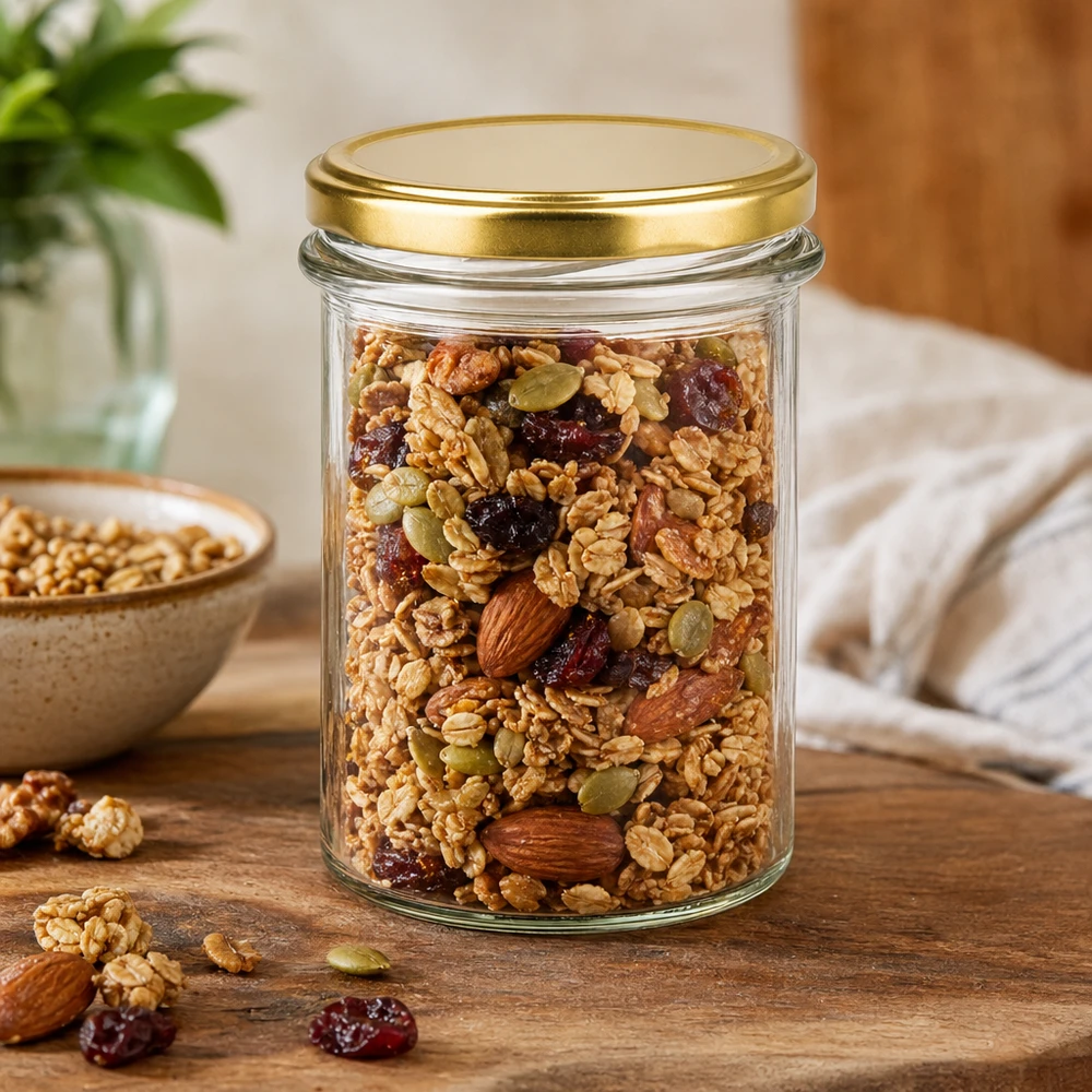 Barattolo BasicSeal da 230 ml con coperchio dorato pieno di muesli, noci e frutta secca da conservare su un tavolo di legno