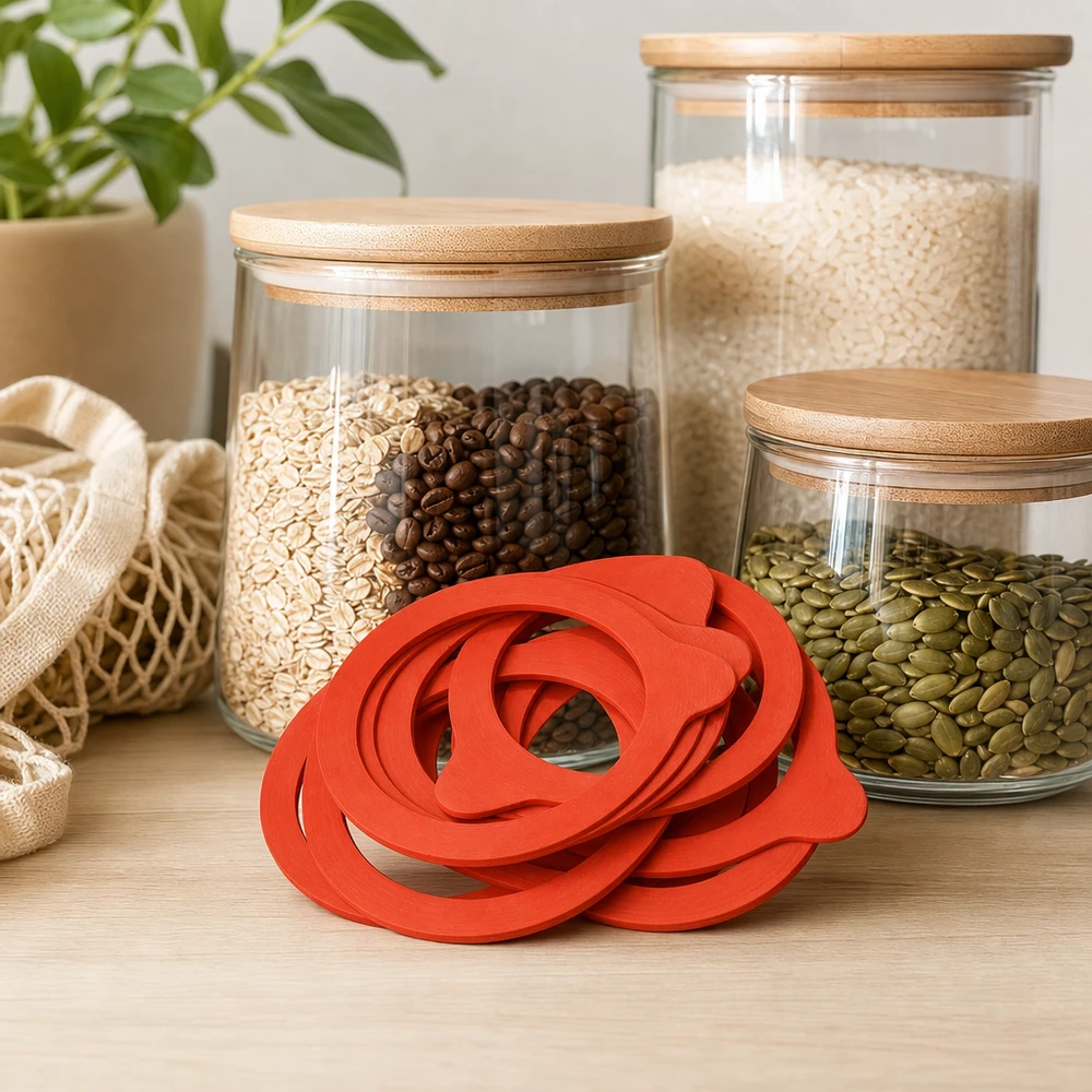 Anello di tenuta in gomma naturale RR80 Einkochring RR80 Naturgummi rot in moderner Vorratsküche mit Vorratsgläsern Reis Kaffee Samen Mesh-Beutel