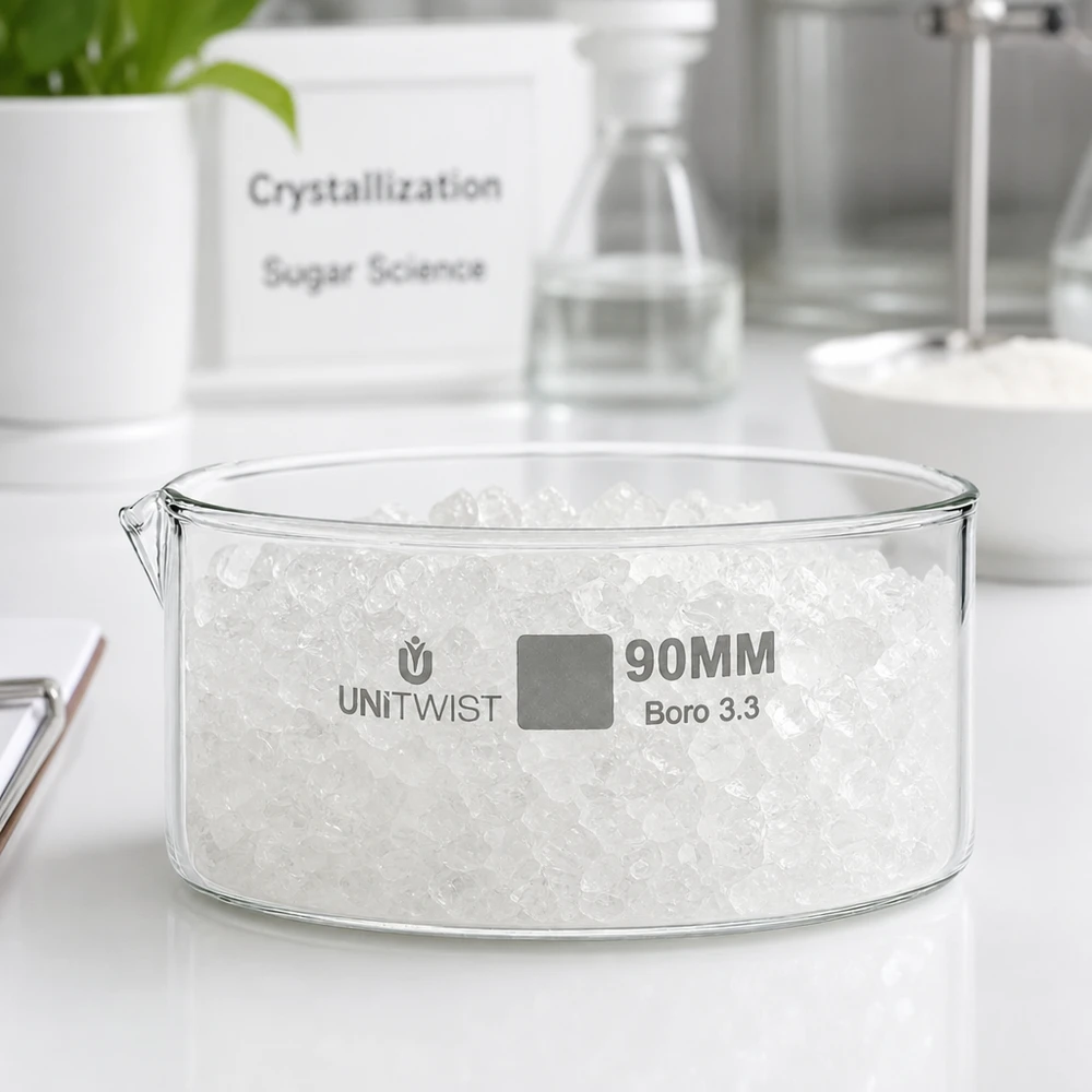 Cristallisoir ø90mm verre borosilicaté UNiTWIST Coupelle de cristallisation 90 mm UNiTWIST avec cristaux de sucre blancs, en verre borosilicaté, pour usage en laboratoire