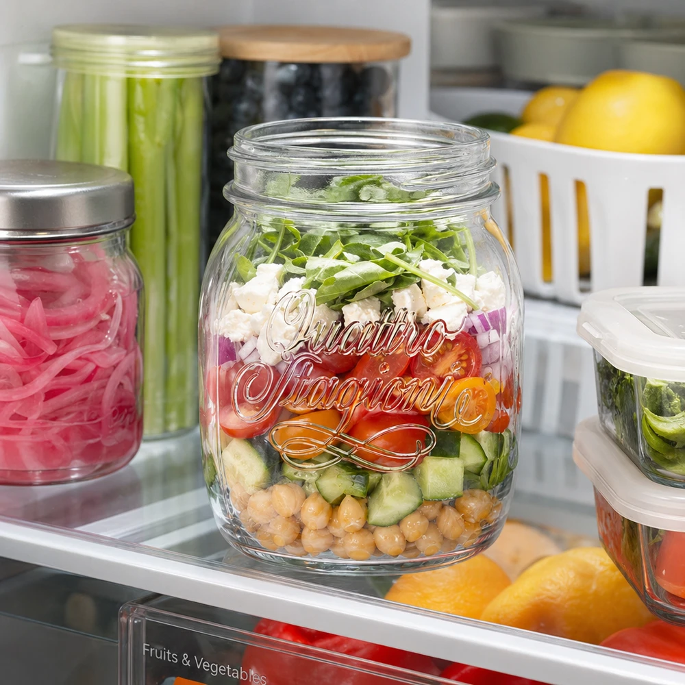 Bicchiere da 700 ml per uso domestico "Quattro Stagioni Quattro Stagioni 700ml Haushaltsglas mit Schichtsalat im Kühlschrank - praktische Glasaufbewahrung für Meal Prep und Vor