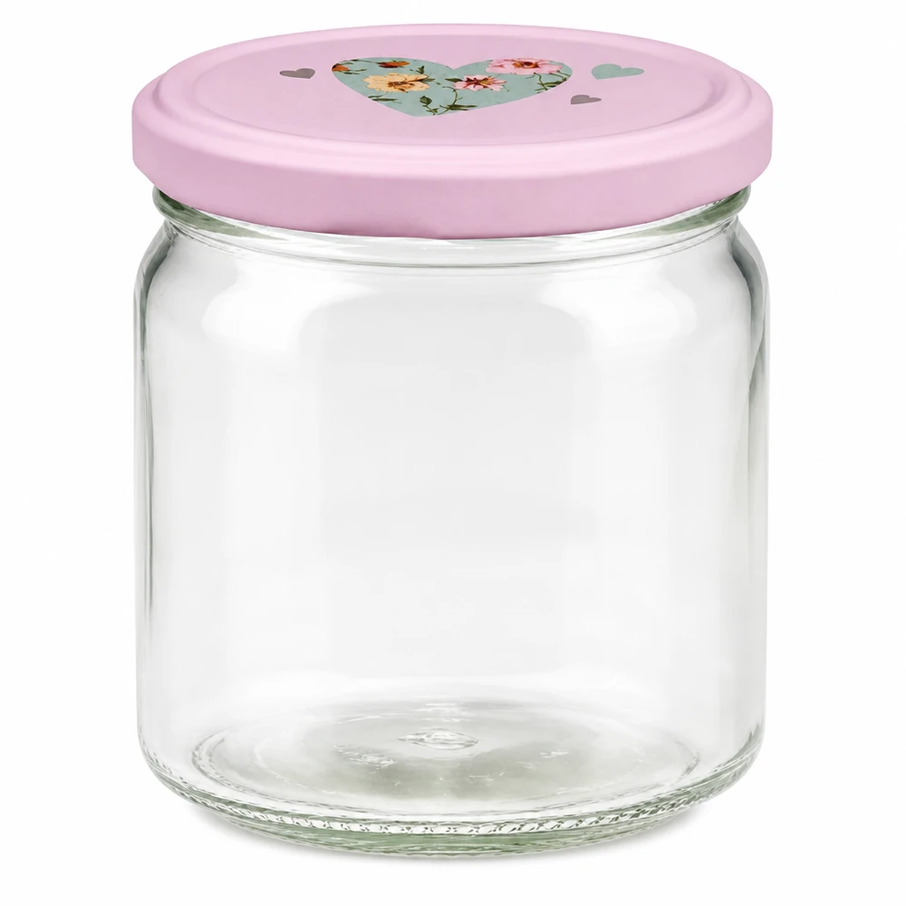 Vaso rotondo da 408 ml + coperchio BasicSeal cuore rosa UNiTWIST Vaso rotondo da 408 ml con coperchio BasicSeal rosa e motivo a cuore, vaso da conserva vuoto per cucina e magazzino