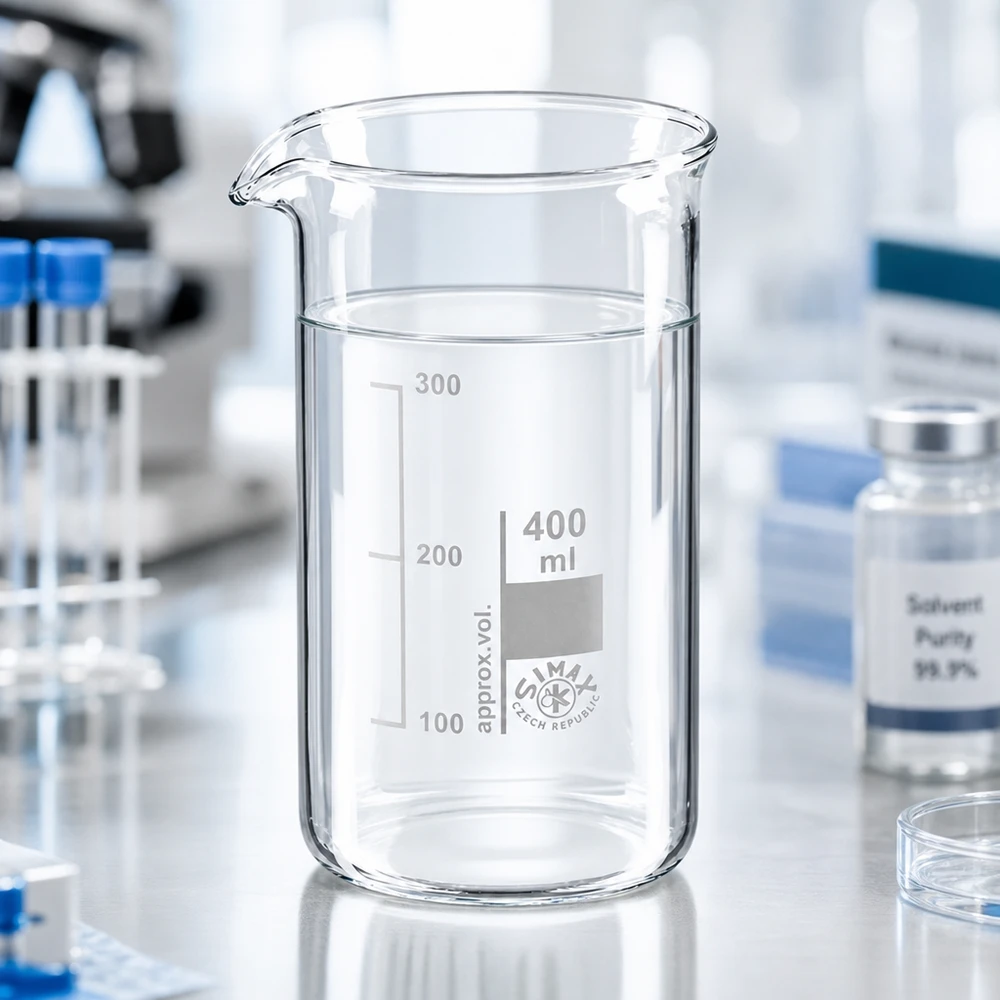 Bicchiere di vetro trasparente da 400 ml, forma alta, con scala graduata in millilitri impressa, su tavolo da laboratorio