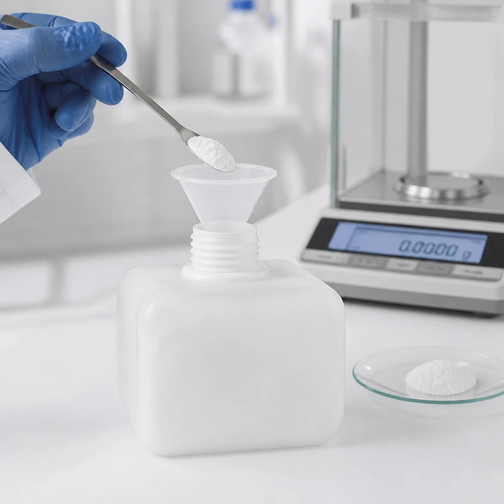 La poudre blanche est dosée et pesée dans un flacon de laboratoire carré en PE-HD de 250 ml à col étroit.