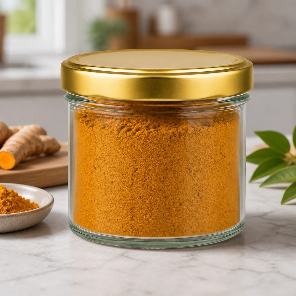 Barattolo cilindrico da 230 ml con coperchio BasicSeal oro UNiTWIST. Barattolo cilindrico da 230 ml con coperchio dorato BasicSeal riempito di curcuma in polvere Barattolo per spezie Ambiente cucina